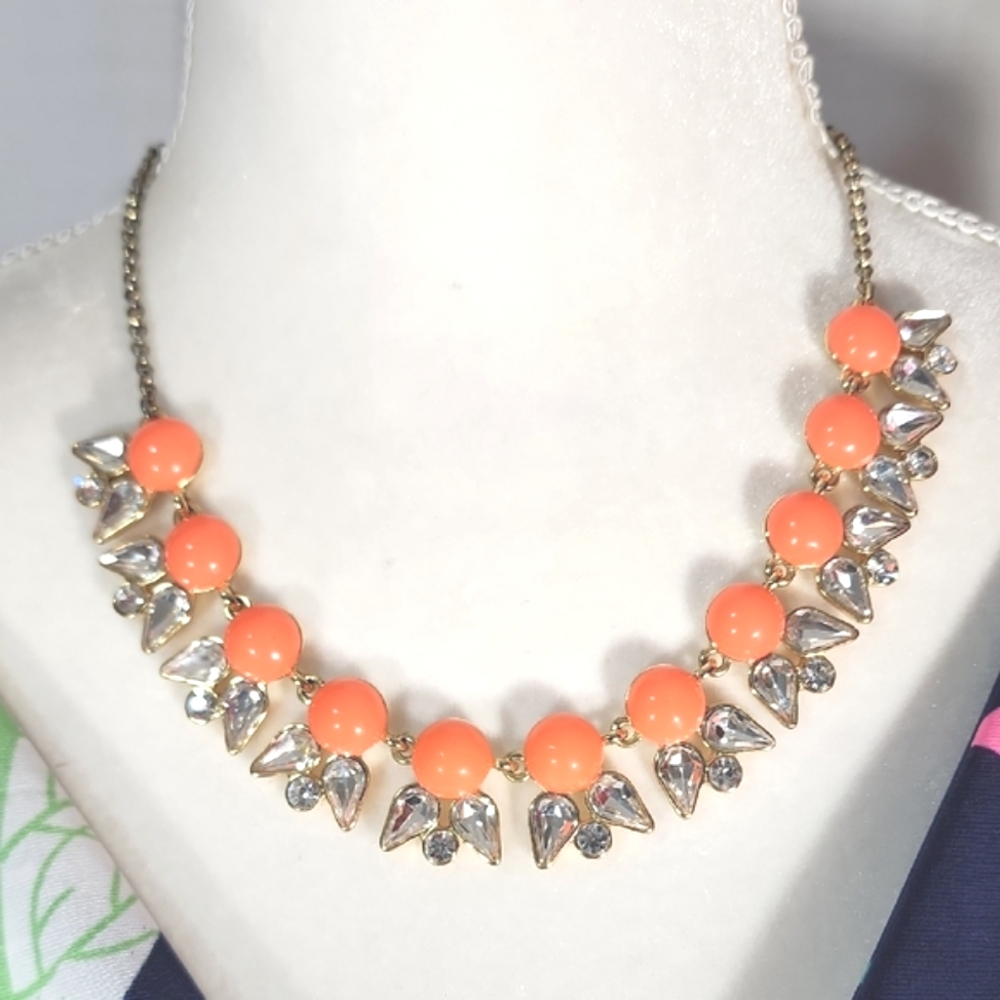 J.Crew Orange and Gold Statement Necklace with Coral Beads and Crystal Accents
